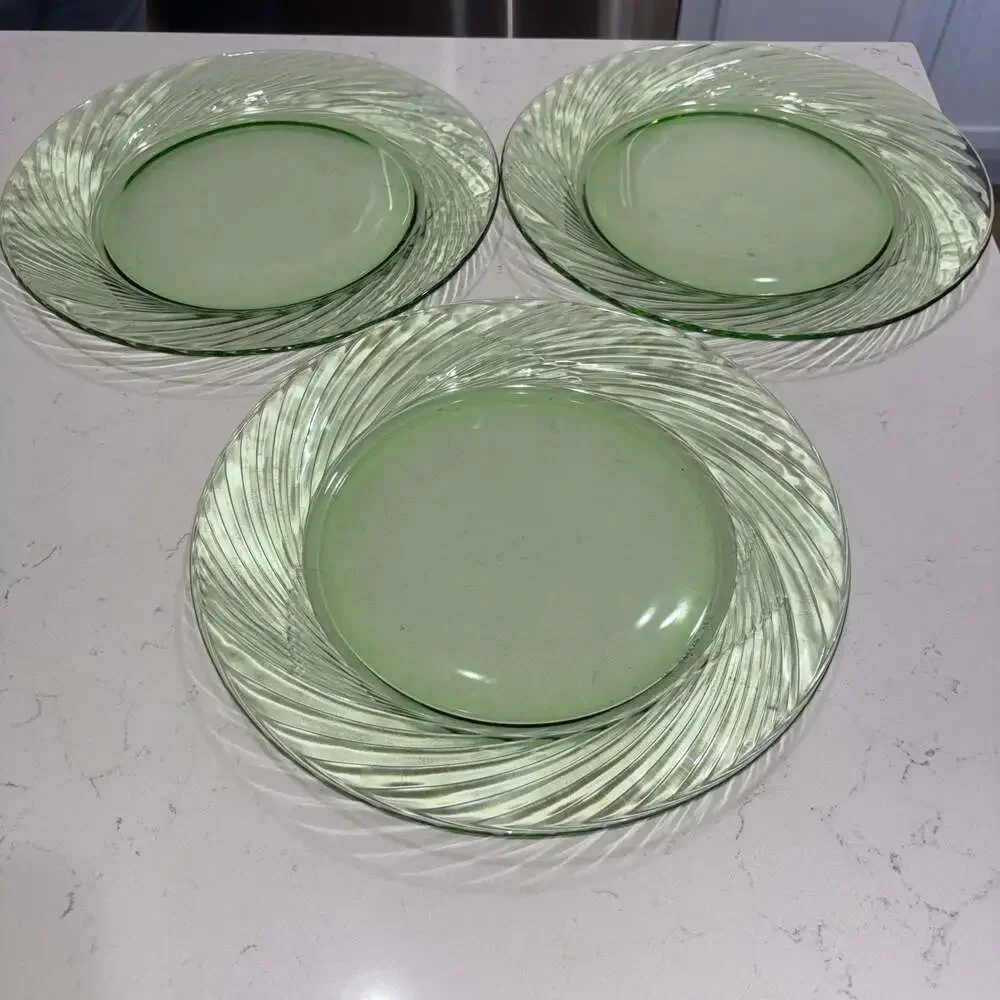 Vintage Pyrex Festiva Spring Green Swirl Rim Glass Serving Platters (3) 12.25”